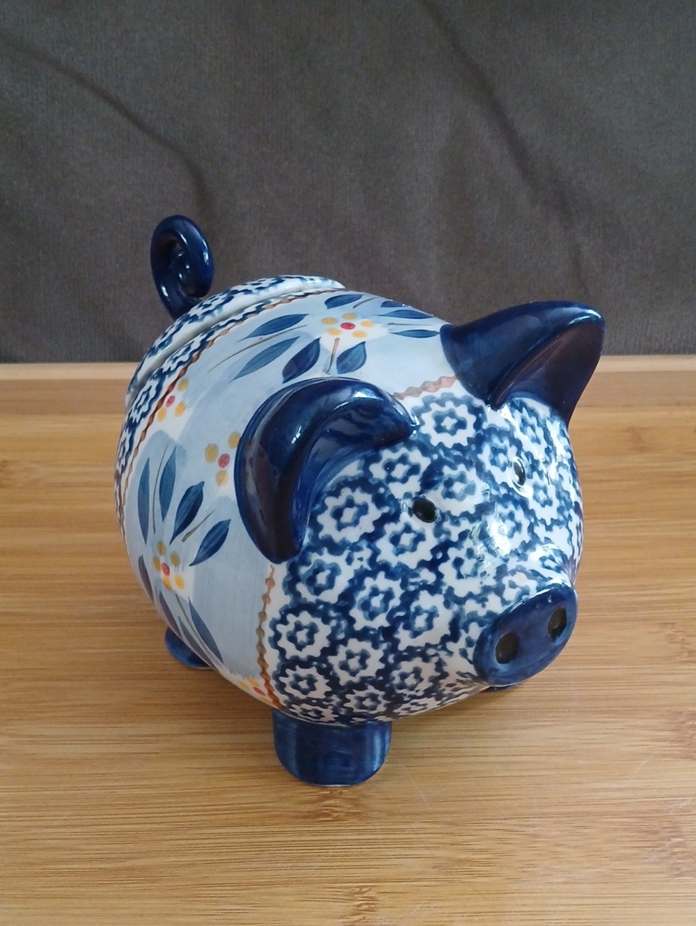 VintageTemptations Blue and White Floral Ceramic Piggy Canister Removable Tail